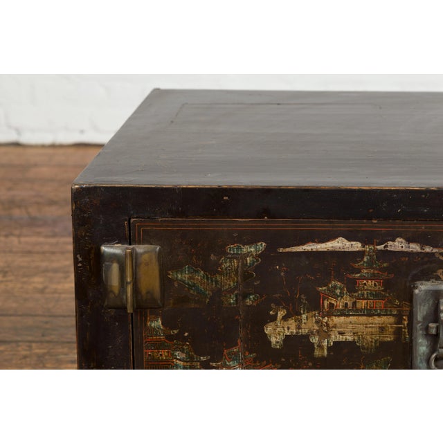 Chinese Late Qing Dynasty Dark Lacquer Low Cabinet with Architecture Motifs For Sale In New York - Image 6 of 13