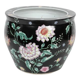 Chinese Famille Noir Hand Decorated Porcelain Fish Bowl Jardiniere / Planter For Sale