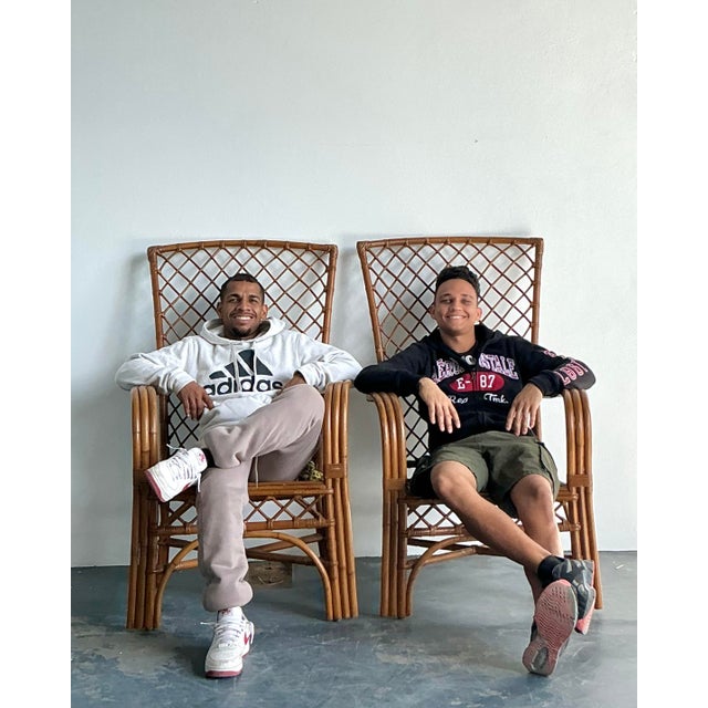 Late 20th Century Vintage Boho High Back Trellis Rattan Lounge Chairs - A Pair For Sale - Image 5 of 12