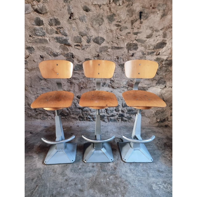 Mid-Century Modern Industrial Swivel Workshop Chairs in Wood and Metal, 1970s, Set of 3 For Sale - Image 18 of 18
