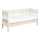 19th Century Swedish Gustavian White Painted Pine Bench Settee With Slat Back For Sale