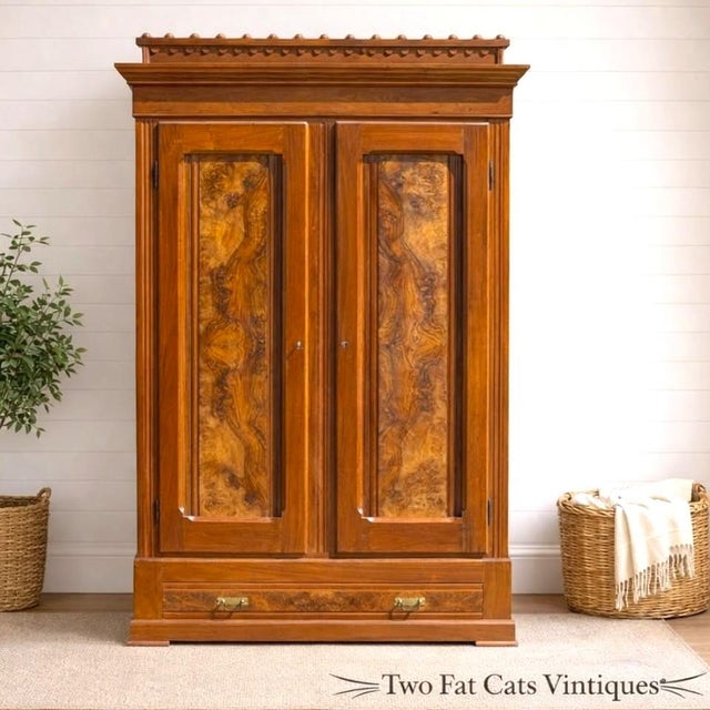 Antique 1870s EASTLAKE Victorian Knockdown | Walnut w/ Burl | Wardrobe Armoire Era: Circa 1870–1880 (Eastlake Movement)....