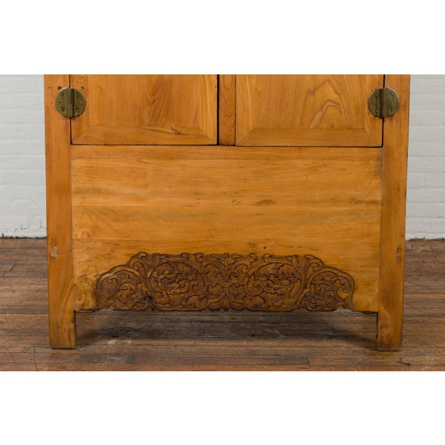 Tan Chinese Vintage Elmwood Wedding Cabinet with Carved Apron and Hidden Drawers For Sale - Image 8 of 13
