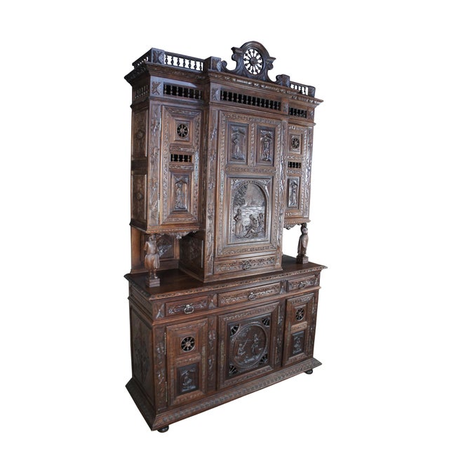 French Antique French Breton Brittany Figural Carved Chestnut Buffet Sideboard Hutch For Sale - Image 3 of 12