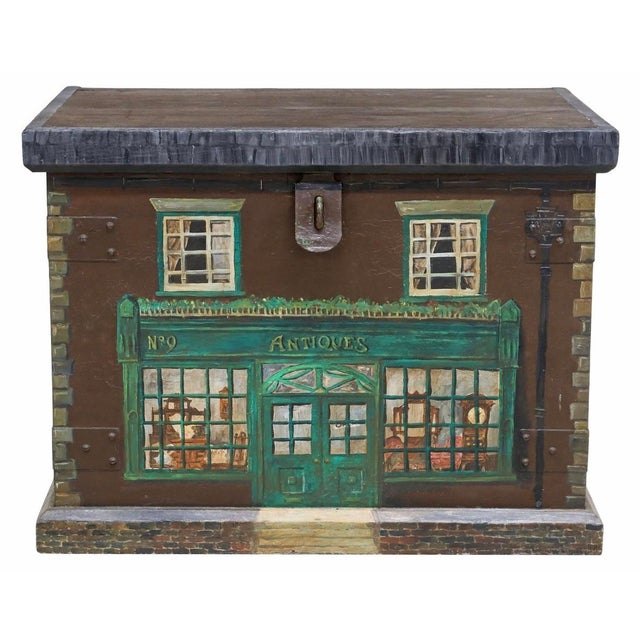 Stunning one-of-kind painted blanket chest / trunk in the style of an antique storefront.
