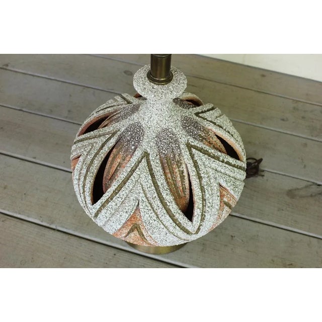 1960s Mid Century Chalkware Lamp Pair Sculptural Textured Atomic Orange White Gold For Sale - Image 5 of 6