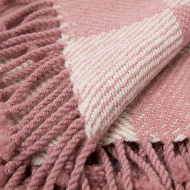 Contemporary Bellani Pink Checkered Merino Wool Throw Blanket with Fringe Trim For Sale - Image 3 of 7