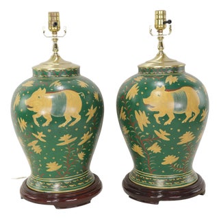 Vintage Brunschwig & Fils Hand-Painted Green Ceramic Pig Table Lamps - Pair For Sale