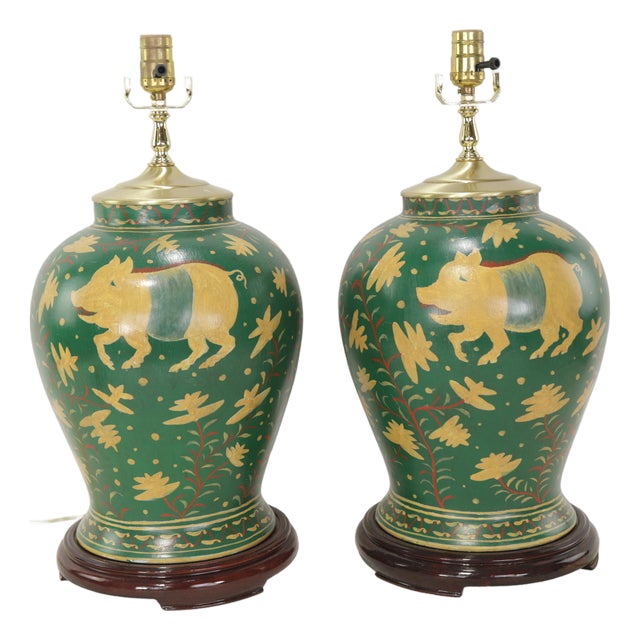 Vintage Brunschwig & Fils Hand-Painted Green Ceramic Pig Table Lamps - Pair For Sale