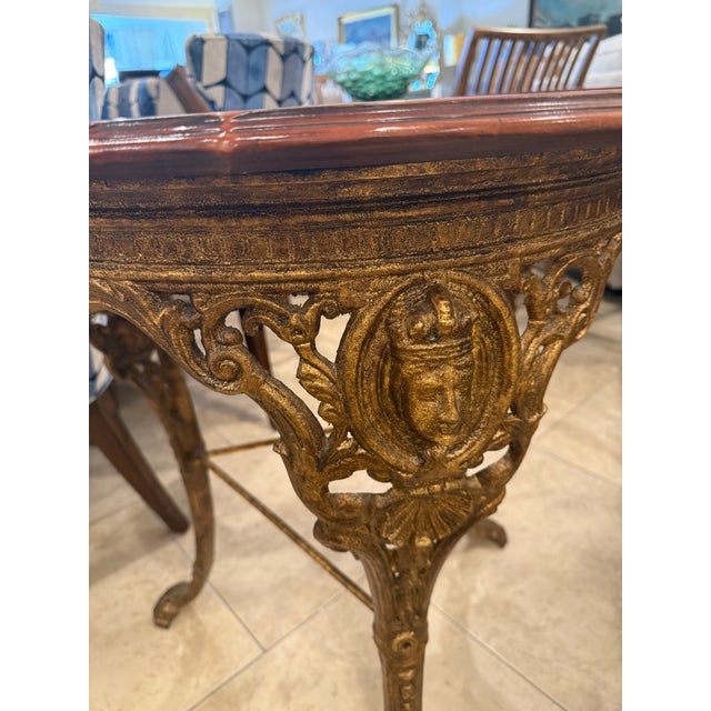 English Late 19th Century Gilt Cast Iron Table With Marquetry Top For Sale - Image 3 of 11