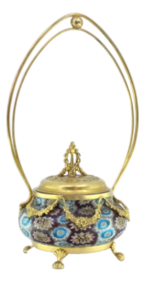 Murano Glass and Gilded Silver Candy Box with Cut-Out Handle Lid, Hanging Garlands and Claw-Shaped Feet