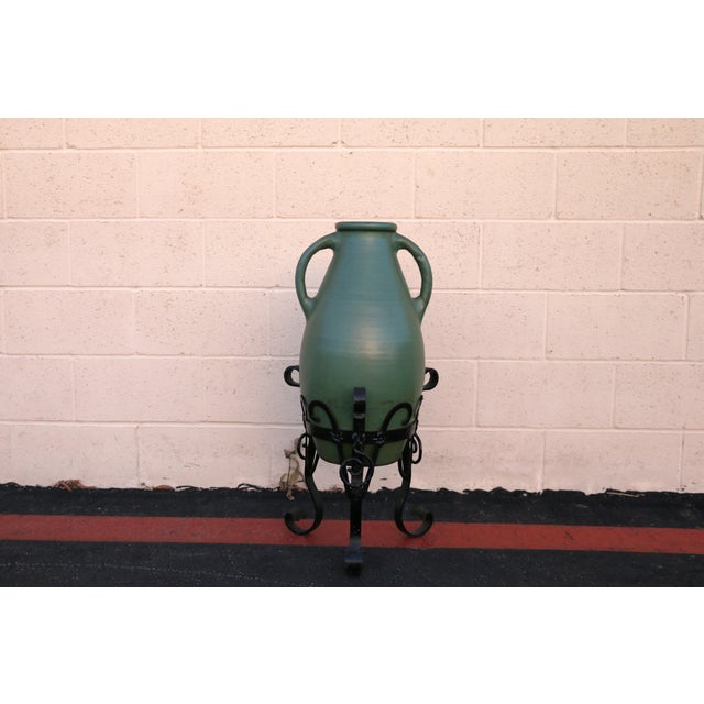1920s Antique 1920s Olive Green Glazed Oil Jar With Wrought Iron Stand For Sale - Image 5 of 16