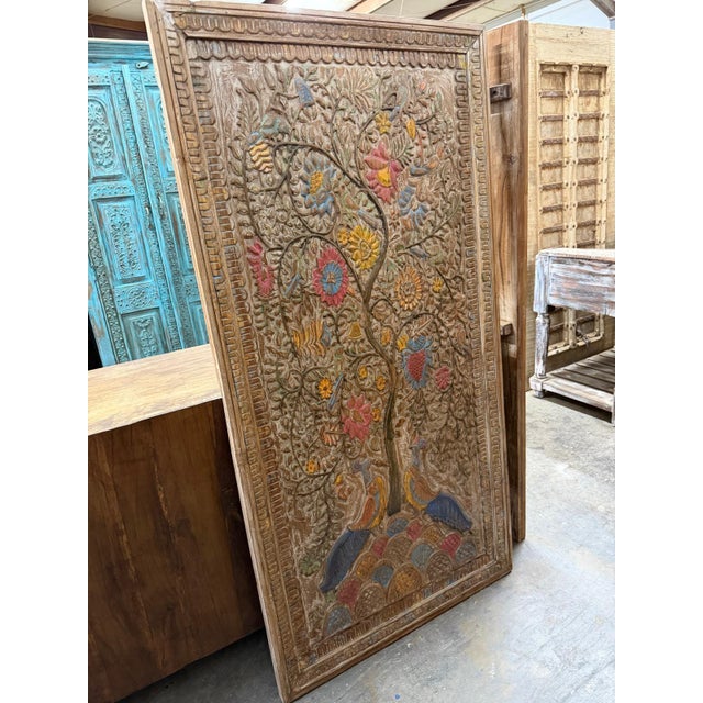 Hand-Carved Tree of Life Peacock Floral Wall Panel Relief Art Décor For Sale In Orlando - Image 6 of 9