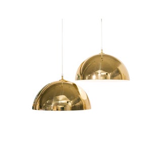 Pair of Brass Shade Pendant Lights by Feldman For Sale