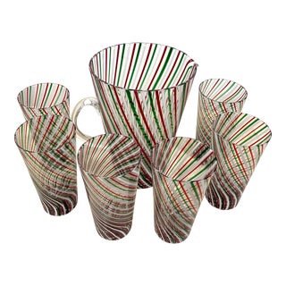 Murano Holiday Swirl Pitcher and Highball Glasses For Sale