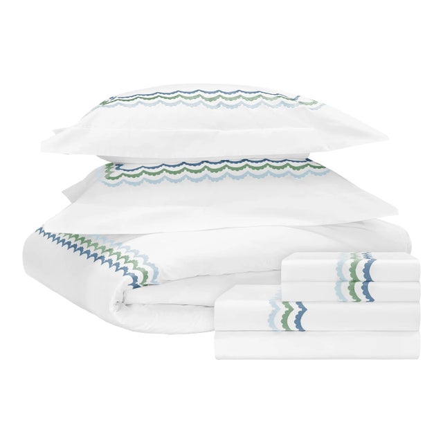 Celerie Kemble + Hamburg House Whimsical Blue & Green Scallop Cal. King Bedding Set For Sale