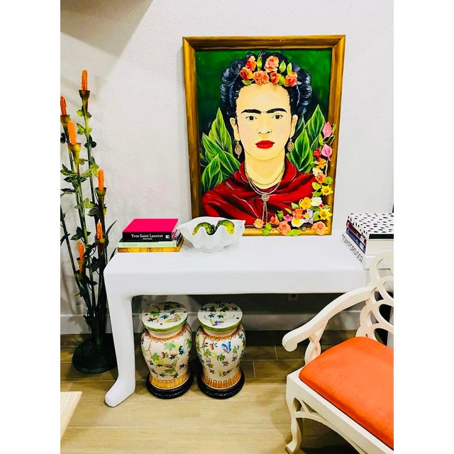 The perfect chinoiserie for indoor or outdoor, a set of two stools or side tables very colorful butterflies, fruits &...