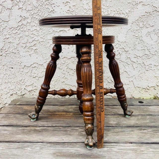 Early 1900s Adjustable Oak Piano Stool With Glass Ball Claw Feet For Sale - Image 10 of 12