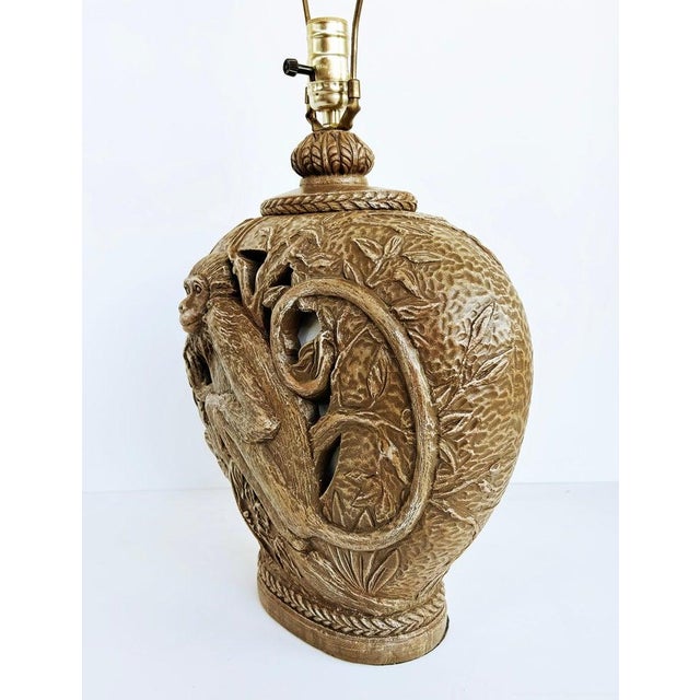 Late 20th Century Hollywood Regency Sculptural Monkey Table Lamp, Original Finial For Sale - Image 4 of 10
