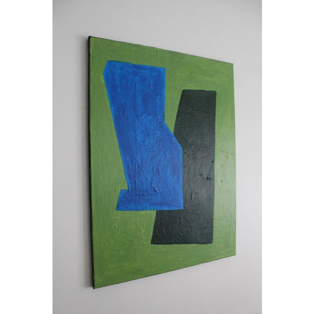 "Echoes of Balance" — Abstract Geometric Painting in Green, Blue, and Dark Green A striking composition where structure...