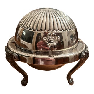 Late 19th Century Silver Plated Round Butter Dish & Insert With Lion Legs Claw Feet For Sale