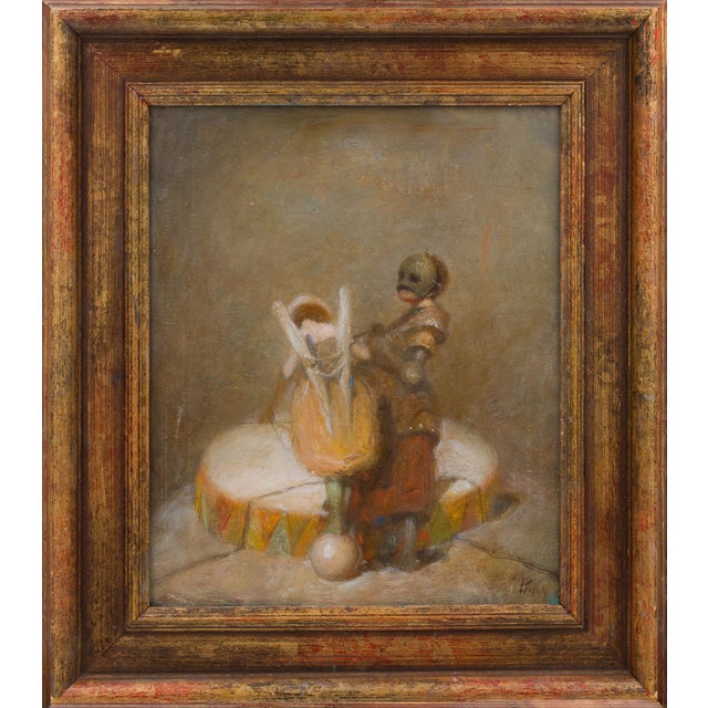 This oil on canvas work presents a whimsical scene featuring a figure engaged with a drum, surrounded by soft, muted...