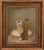 This oil on canvas work presents a whimsical scene featuring a figure engaged with a drum, surrounded by soft, muted...