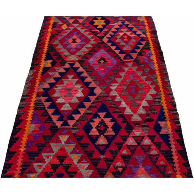 Red Vintage Kilim Handmade Flatweave Multicolor Geometric Wool Runner 3' 3'' X 10' 10'' For Sale - Image 8 of 11