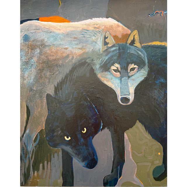Contemporary "Yin Yang" Two Wolves Painting by LWren Walraven For Sale - Image 3 of 12