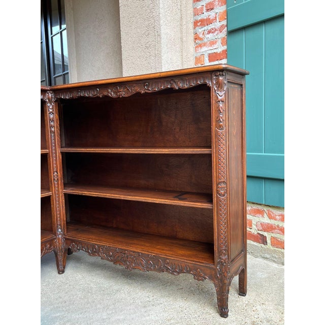 Wood Antique French Corner Bookcase Carved Oak Louis XV Revival Open Shelves C1920 For Sale - Image 7 of 18
