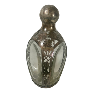 Mid 20th Century Haig Type Heavy Dimple Pinch Bottle With Sterling Overlay and Cap With Cork