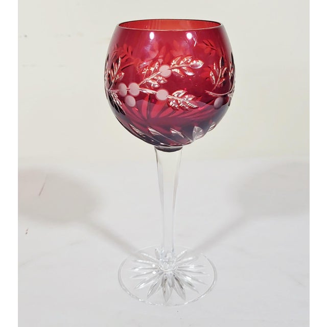 Ruby Red Cut to Clear Crystal Bohemian Style Wine Glass Goblets - Set of 8 For Sale - Image 12 of 14