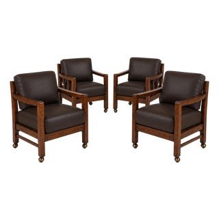 Set of Four 1980s Solid Wood Club / Library Armchairs Bronze Casters Tobacco Walnut Finish & Dark Brown Cushion Covers For Sale