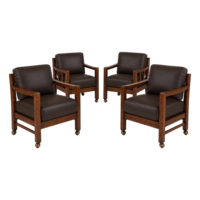 Set of Four 1980s Solid Wood Club / Library Armchairs Bronze Casters Tobacco Walnut Finish & Dark Brown Cushion Covers For Sale
