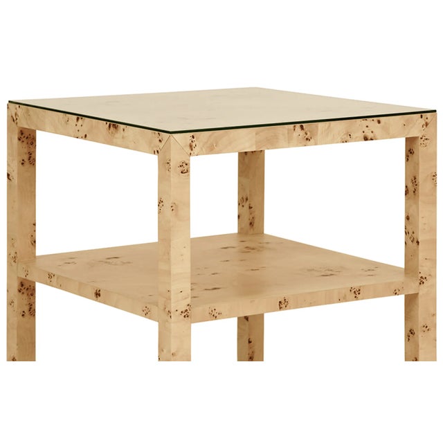 Contemporary Matthew Izzo Home Amie Light Burlwood Three Tier Square Side Table With Glass Top For Sale - Image 3 of 4