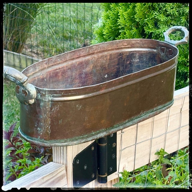 French Country Vintage Copper Hammered Basin French Country Basin Planter With Steel Handles For Sale - Image 3 of 11