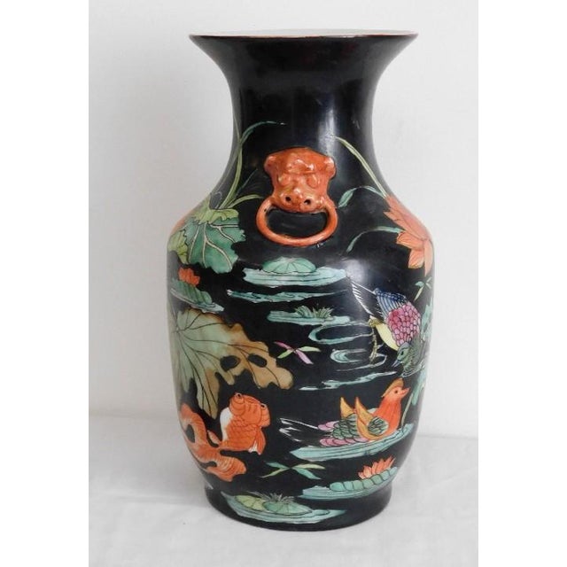 Vintage Mid-Century Chinese Famille Noire Baluster Vase Hand Painted Lotus and Koi Fish 14 Inch For Sale - Image 4 of 13