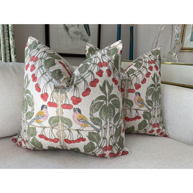 This offering is for a pair (2) 22” pillows. They will feature Birds and Cherries in red and green on the front and a...