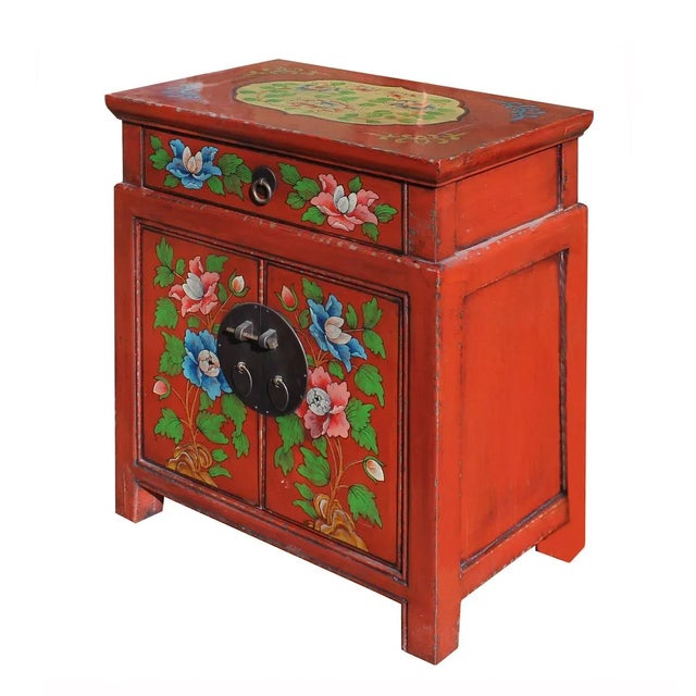Chinese Oriental Distressed Orange Red Flower End Table Nightstand For Sale In San Francisco - Image 6 of 7