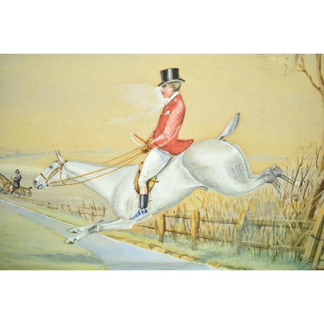 Beige Huntsman Clearing Water Fence C1898 Gouache by H. W. Standing For Sale - Image 8 of 9