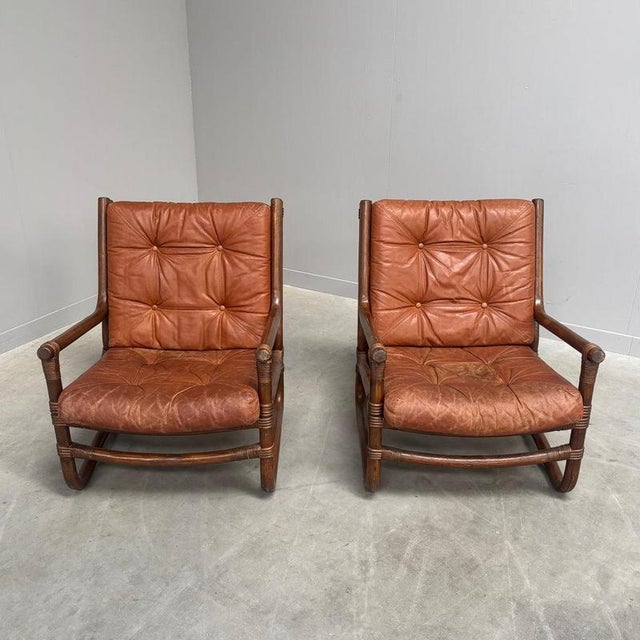 Late 20th Century Vintage Bamboo and Leather Chairs, 1970s, Set of 2 For Sale - Image 5 of 15