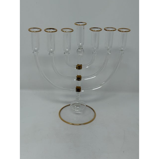 Lovely hand formed Murano Glass Candelabra or Menorah made by one of Murano's top Artists. Stands 8" x 8". Gold trimmed!