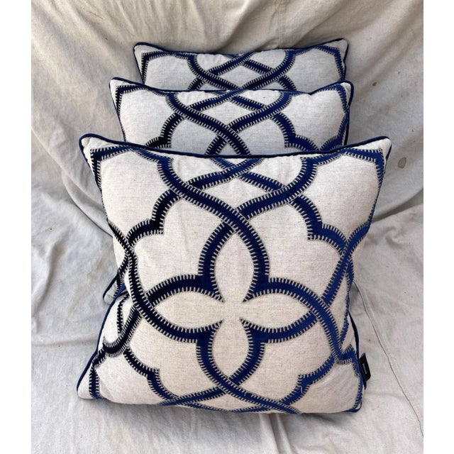 Trio of Blue Velvet/Khaki Decor Pillows For Sale - Image 4 of 9