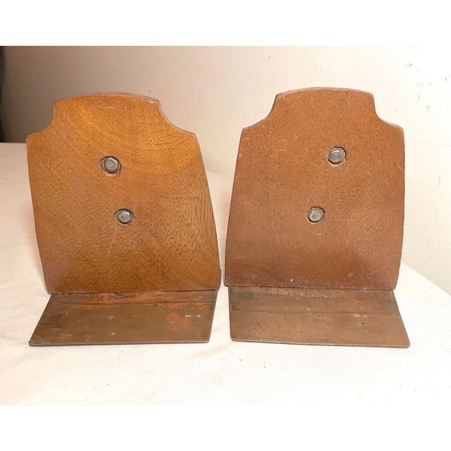Antique Pair Hammered Arts & Crafts Cameo Copper Brass Wood Sculpture Bookends For Sale - Image 4 of 7
