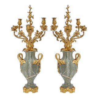 Louis XVI Style Two-Handled Green Marble & Gilt Bronze Six-Light Candelabras For Sale