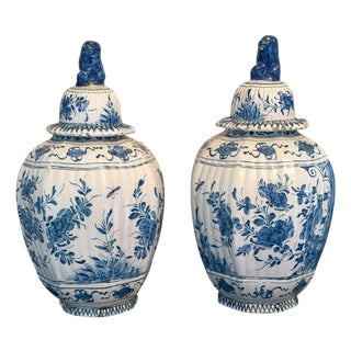 Pair of Antique Delft Blue & White Pottery Ginger Jar Pots For Sale