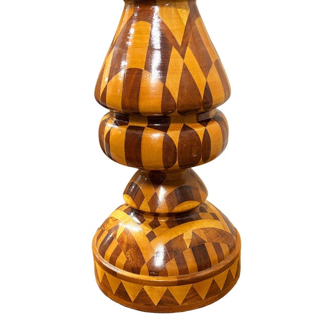 1960s Mid-Century Modern Hand Turned Segmented Marquetry Inlay Mosaic Table Lamp W/ Shade For Sale In Los Angeles - Image 6 of 7