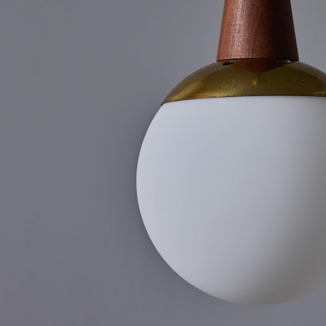 1950s Brass, Wood, and Opaline Glass Pendant Attributed to Stilnovo For Sale - Image 9 of 12