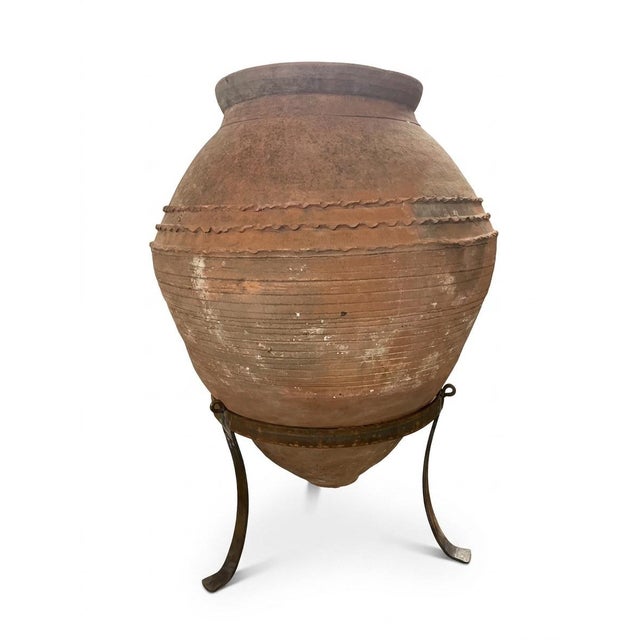 Coastal 1930s Greek Terracotta Pithos Olive Oil Jar on Wrought Iron Stand For Sale - Image 3 of 9