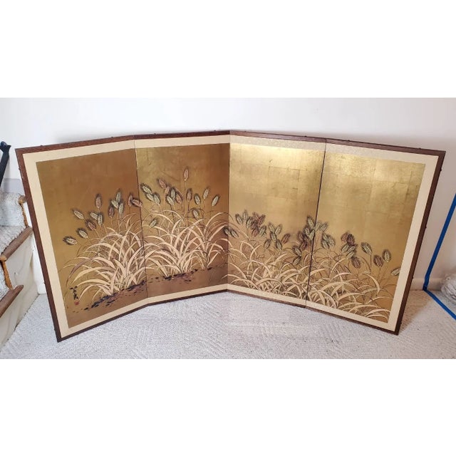 Japanese Vintage Japanese Byobu 4-Panel Gold Leaf Folding Screen Hand Painted Wheat Field Signed For Sale - Image 3 of 15
